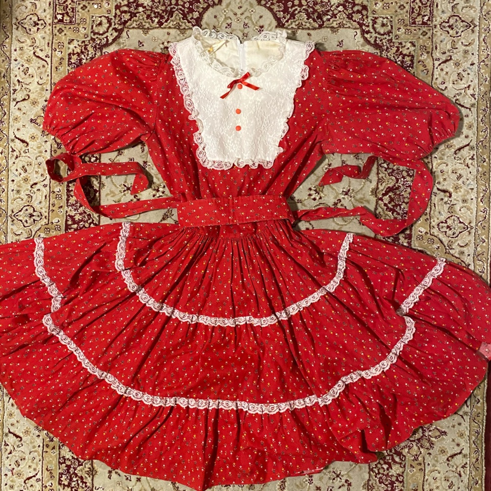 Jeri Bee vintage square dance prairie red lace floral dress 🐴❤️